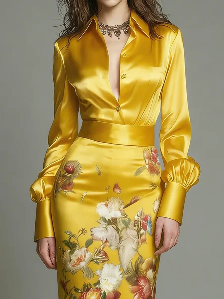 

Satin Urban Plain Shirt Collar Shirt, Yellow, Blouses and Shirts