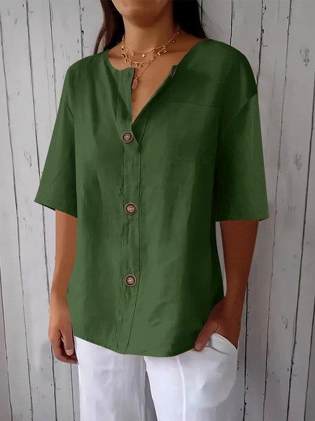 Crew Neck Short Sleeve Plain Buttoned Regular Loose Shirt For Women