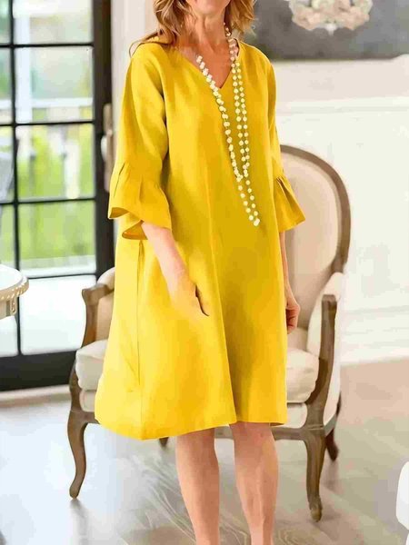 

Casual Plain Ruffle Sleeve V Neck Knee Length Dress, Yellow, Midi Dresses