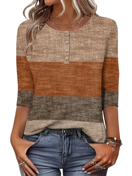 

Crew Neck Three Quarter Sleeve Striped Regular Regular Fit Blouse For Women, Coffee, Blouses