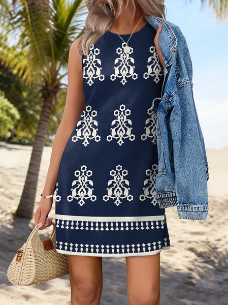

Women Ethnic Summer Dress Crew Neck Sleeveless Fit & Flare Dress A-Line Dress, Navyblue, Short
