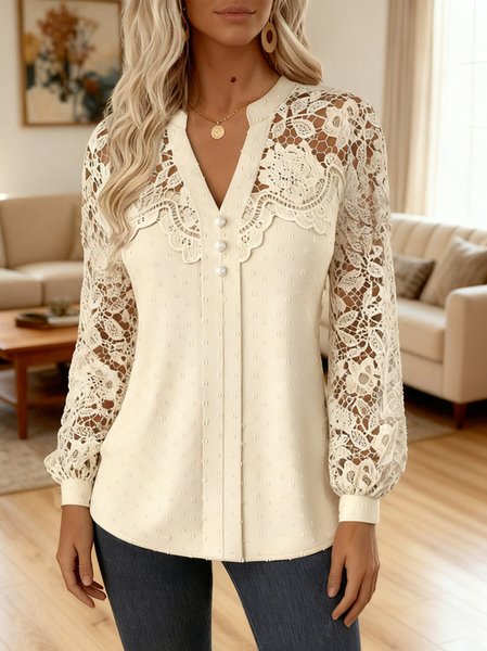 

V Neck Long Sleeve Lace Regular Regular Fit Shirt For Women, Apricot, Shirts