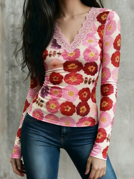 

Casual Floral V Neck T-shirt, As picture, Tees