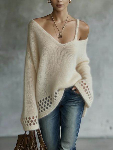 

Casual Plain Asymmetrical Sweater, Apricot, Sweaters