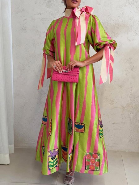

Vacation Striped Puff Sleeve Bow Stand Collar Maxi Dress, Green, Maxi Dresses