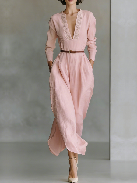 

Casual Plain Crew Neck Cotton And Linen Dress No Belt, Pink, Midi Dresses