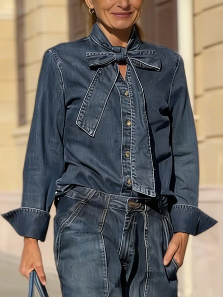 

Denim Urban Plain Bow V Neck Shirt, Blue, Blouses and Shirts