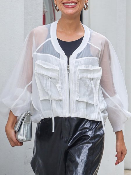 

Casual Raglan Sleeves Zipper Plain Pockets Jacket, White, Jackets