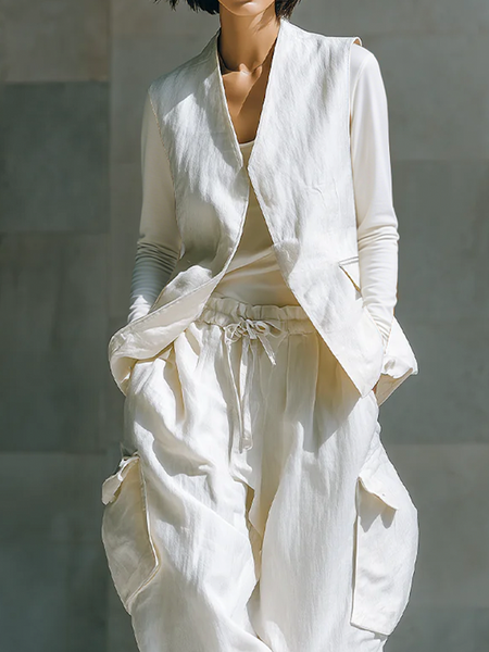 

Casual Plain V Neck Cotton And Linen Vest, Off white, Vests and Gilets