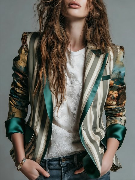 

Urban Printing Striped Lapel Collar Blazer, As picture, Blazers
