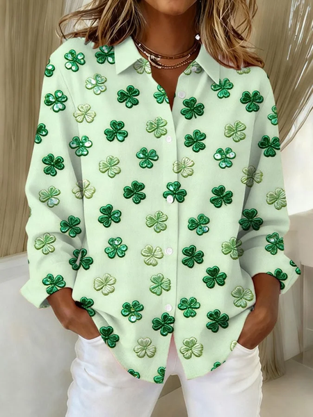 

Shirt Collar Regular Sleeve Long Sleeve Shamrock Buckle Regular Loose Button Up Shirt Shirt For Women, Green, Shirts