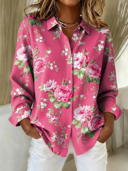 

Shirt Collar Regular Sleeve Long Sleeve Floral Buckle Regular Loose Button Up Shirt Shirt For Women, Pink, Shirts
