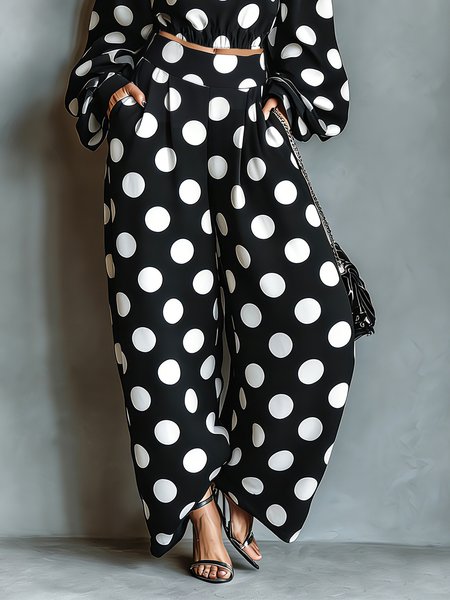 

Casual Polka Dots Printing Wide Leg Pants, Black-white, Pants