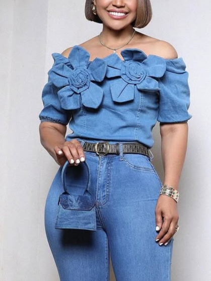 

Urban Plain 3D Floral Off The Shoulder Denim Top, Blue, Blouses and Shirts
