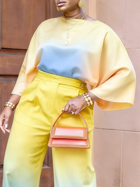 

Satin Elegant Ombre Printing Crew Neck Blouse, As picture, Blouses and Shirts