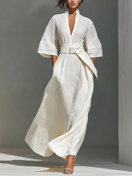 

Cotton And Linen Casual Plain V Neck Maxi Dress With Belt, White, Midi Dresses