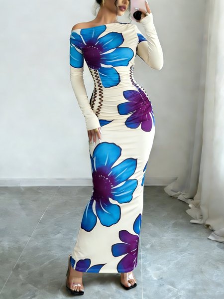 

Elegant Floral Printing Cold Shoulder Maxi Dress, Blue, Maxi Dresses