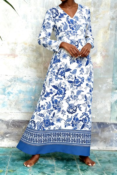 

Women Floral Spring/Fall Dress V Neck Long Sleeve T-Shirt Dress A-Line Dress, Blue, Dresses