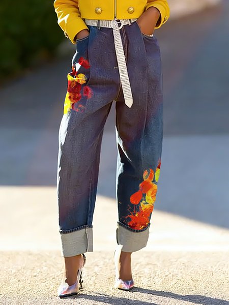 

Denim Casual Printing Jeans With No Belt, As picture, Jeans