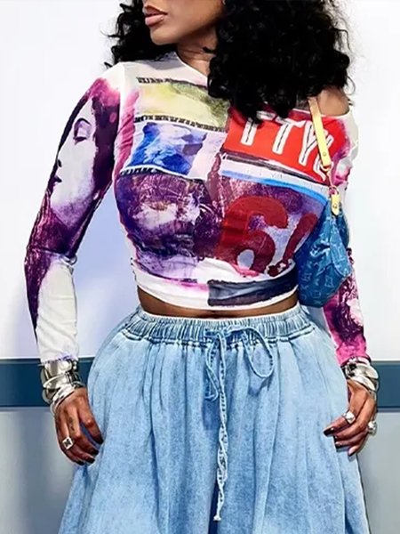 

Casual Abstract Printing Cold Shoulder T-shirt, As picture, Tees