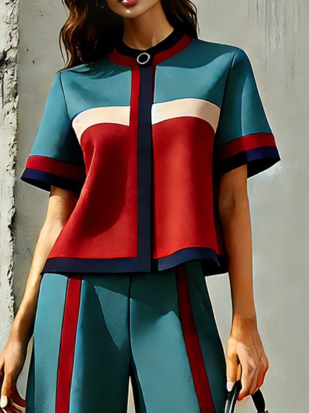 

Casual Split Joint Color Block Crew Neck Jacket, As picture, Jackets