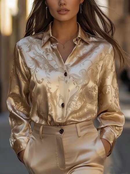 Shirt Collar Long Sleeve Floral Pattern Regular Loose Shirt For Women