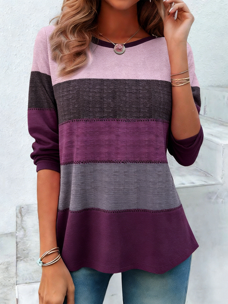 

Elegant Striped Crew Neck Long Sleeve T-shirt, Purple, T-shirts