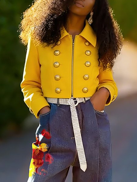 

Casual Buttoned Plain Shawl Collar Jacket, Yellow, Jackets