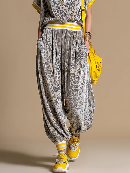 

Casual Leopard Ankle Banded Pants, Yellow, Pants