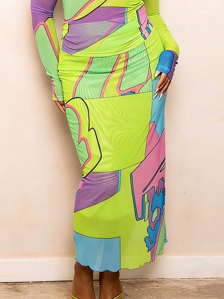 

Casual Printing Random Print Midi Skirt, Green, Skirts