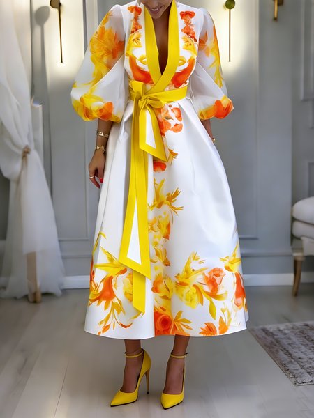 Elegant Floral Balloon Sleeve Printing Stand Collar Midi Dress With Belt