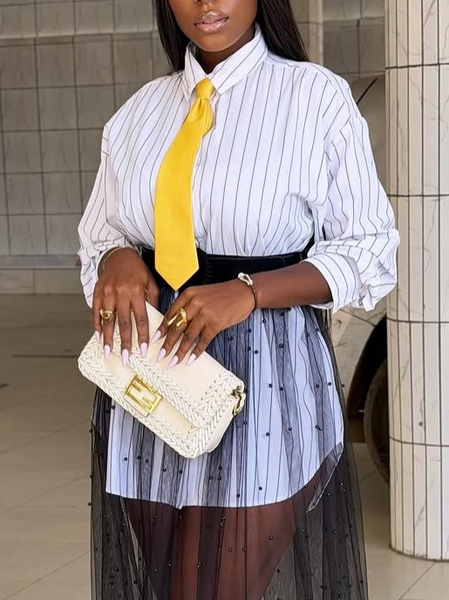 

Cotton Urban Plain Buttoned Shirt With Tie, White, Blouses and Shirts