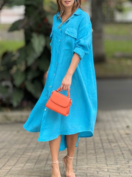

Casual Cotton And Linen Plain Shirt Collar Shirt Dress, Blue, Midi Dresses