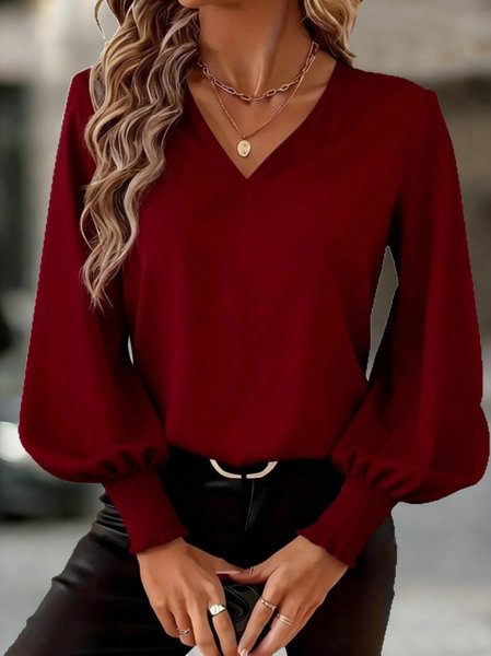 

V Neck Long Sleeve Plain Regular Regular Fit Blouse For Women, Wine red, Blouses