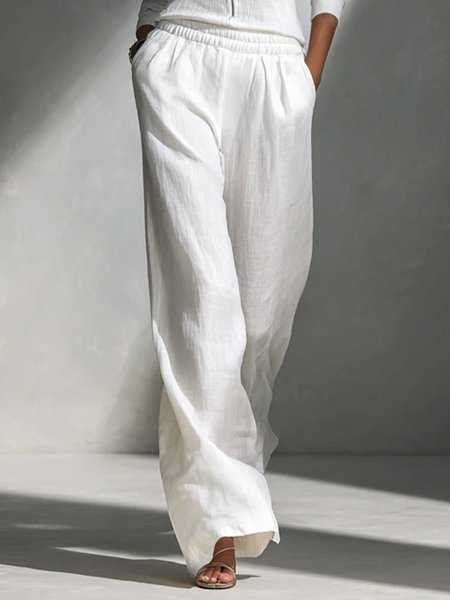 

Casual Cotton And Linen Plain Straight Pants, White, Pants