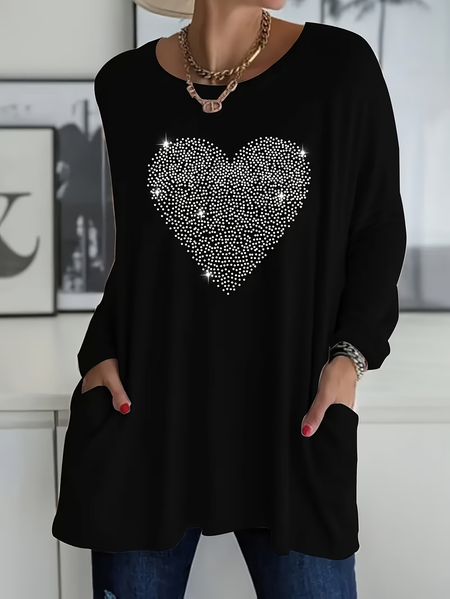 

Women Heart/Cordate Long Sleeve Tee T-shirt Crew Neck Printing Vintage Spring/Fall Top, Black, T-Shirts