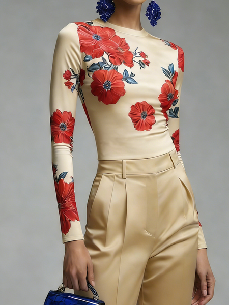 

Casual Floral Crew Neck T-shirt, As picture, Tees