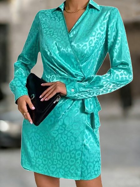 

Women Leopard Spring/Fall Dress V Neck Long Sleeve Hip Skirt A-Line Dress, Green, Short