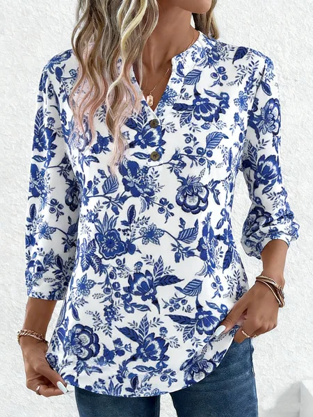 

Elegant Floral V Neck Three Quarter Sleeve T-shirt, Blue, T-shirts