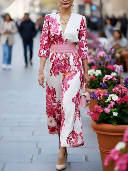 

Elegant Floral Printing V Neck Midi Dress With Belt, Pink, Midi Dresses