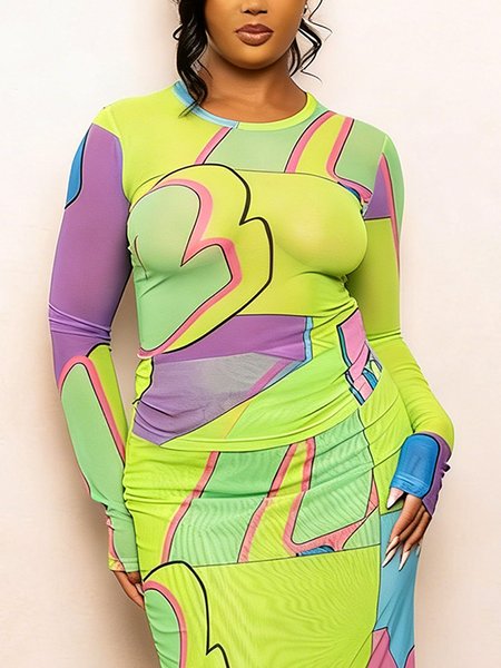 

Casual Random Print Printing Crew Neck T-shirt, Green, Tees