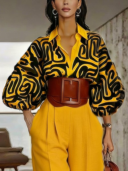 

Urban Geometric Printing Shawl Collar Balloon Sleeve Blouse, Yellow, Blouses and Shirts