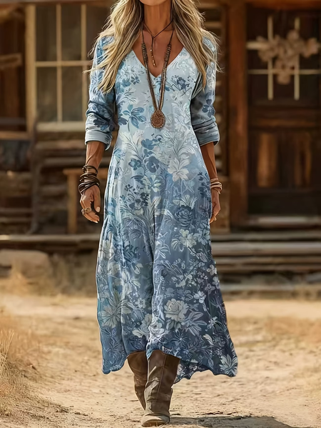 

Women Floral Spring/Fall Printing Dress V Neck Long Sleeve H-Line Dress, Blue, Dresses