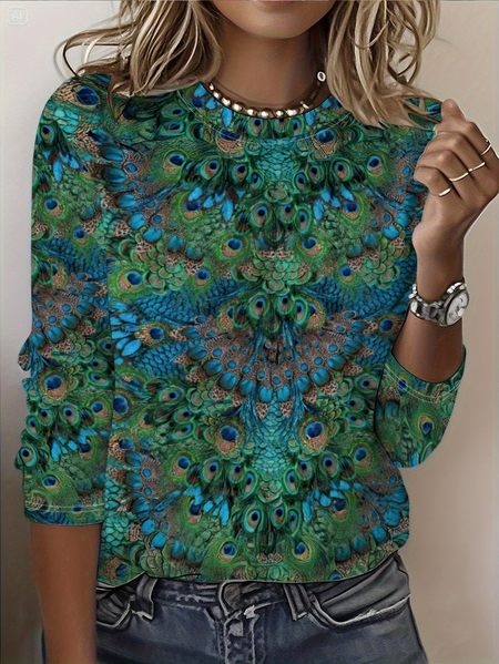 

Casual Abstract Crew Neck Long Sleeve T-shirt, Green, T-shirts