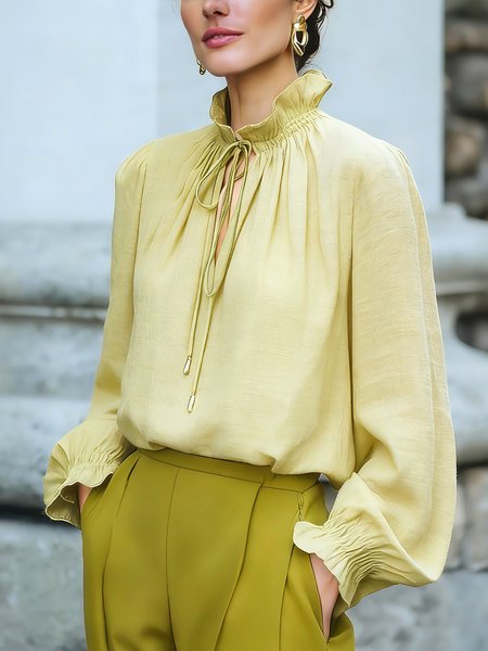 

Cotton Elegant Plain Lace-up Tie Neck Balloon Sleeve Blouse, Yellow, Blouses and Shirts