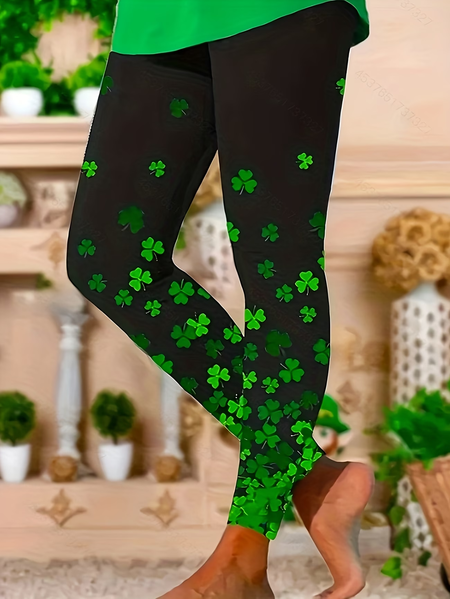 

Women Shamrock Casual All Season Printing Long Leggings, Black, Leggings