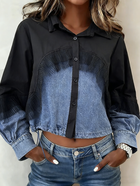 

Shawl Collar Long Sleeve Multicolor Block Regular Loose Shirt For Women, Black, Shirts