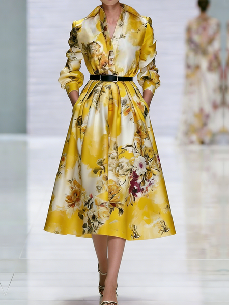 

Elegant Floral Shirt Collar Midi Dress No Belt, As picture, Midi Dresses