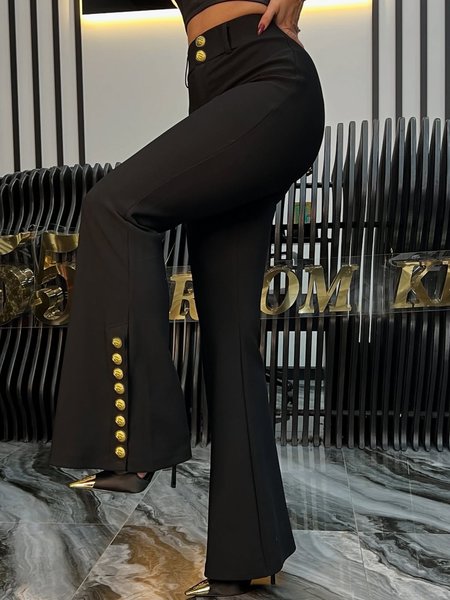 

Urban Plain Buttoned Fashion Flare Pants, Black, Pants