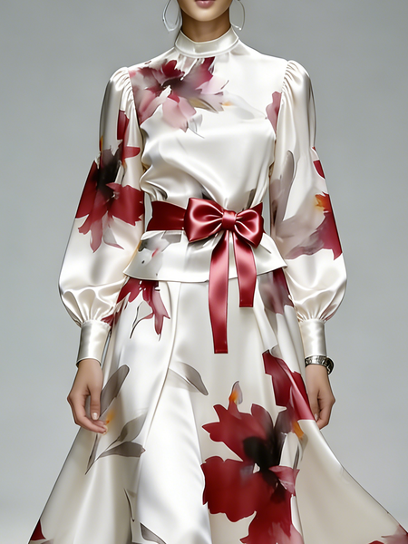 

Elegant Floral Printing Stand Collar Blouse With Belt, As picture, Blouses and Shirts